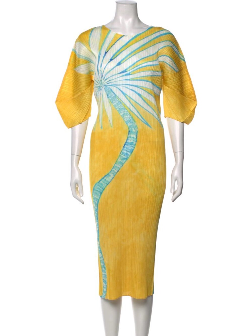 Like-New Pleats Please by Issey Miyake Yellow Ice Desert Puff-Sleeve Midi Dress